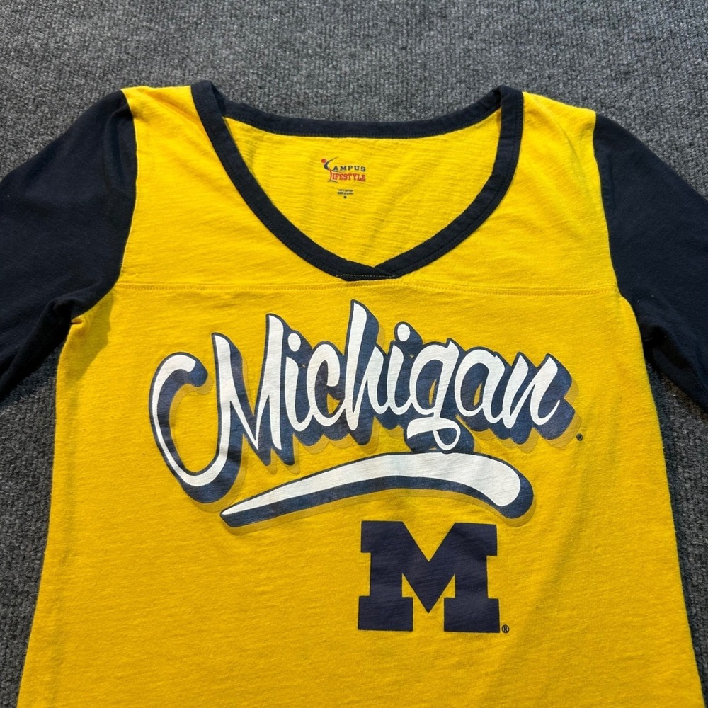 Campus Lifestyle Michigan Wolverines Womens TShirt Yellow Navy Blue 3/4 Sleeve M